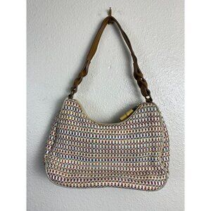 FOSSIL Jacquard Brown Textile Hobo Crescent Leather Shoulder Ergo Hand Bag Multi